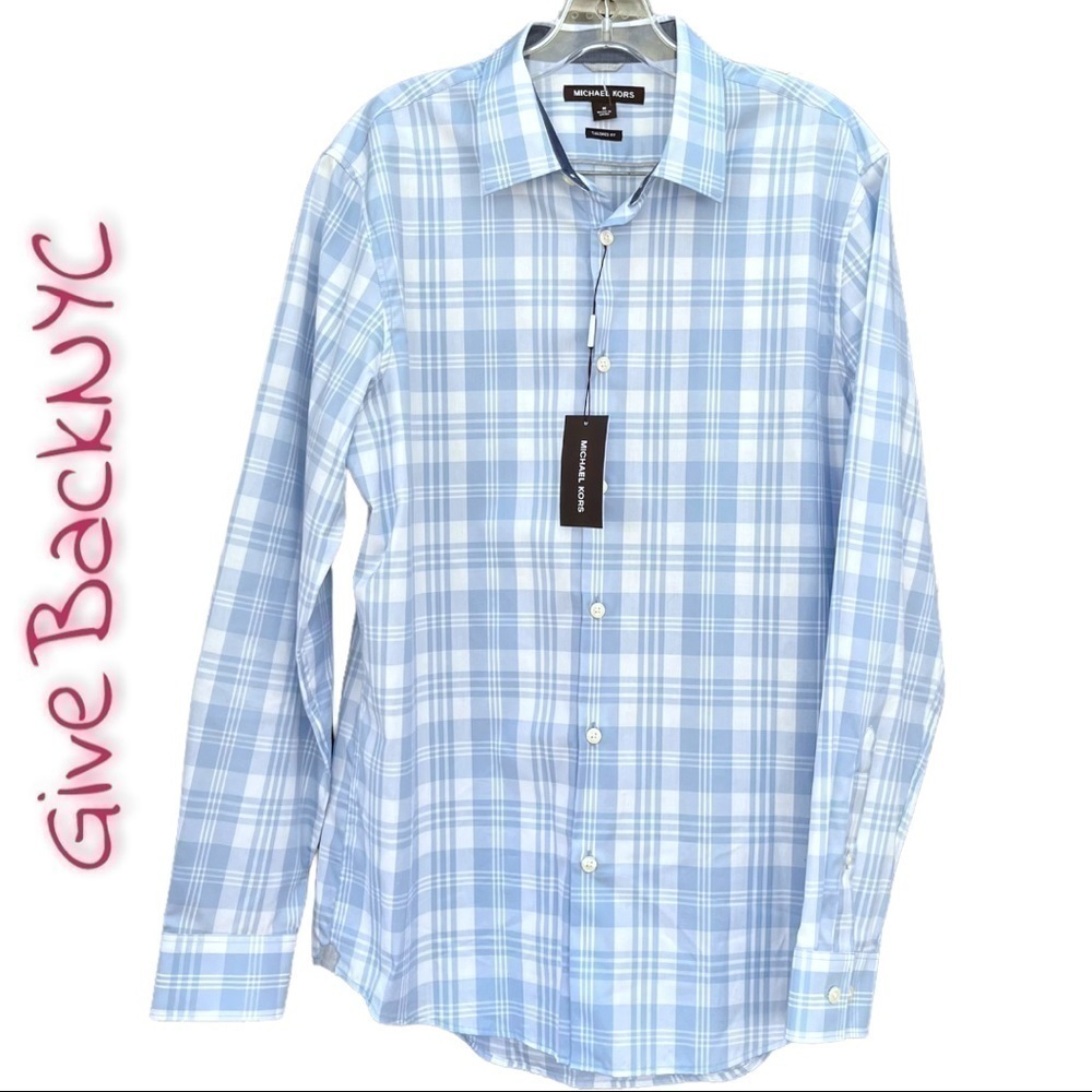 Michael Kors Long Sleeved Dress Shirt Plaid Steel Blue Size M